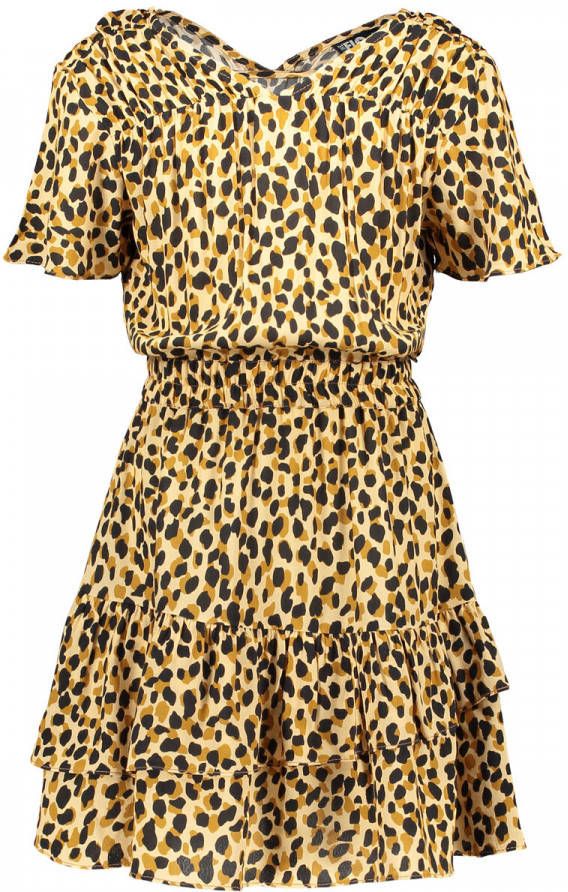 Like Flo jurk met dierenprint en ruches geel/zwart online kopen